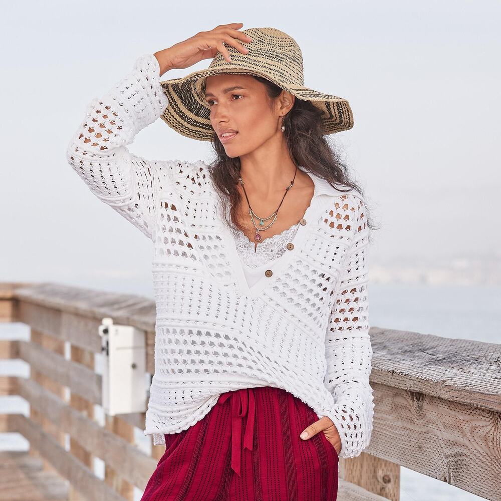 NWT Sundance White Open Weave Button Front Pullover Sweater Womens Small